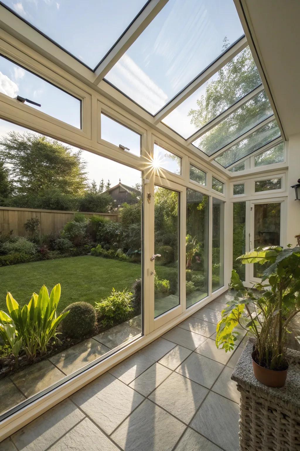 A full-glass lean-to conservatory brightening the home with natural light.