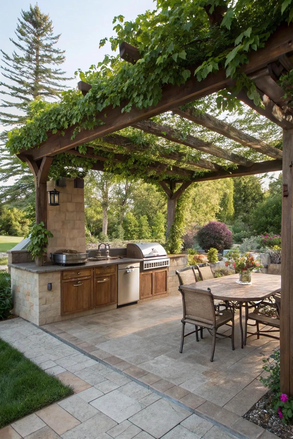 A pergola-covered outdoor kitchen, ideal for all-weather cooking.