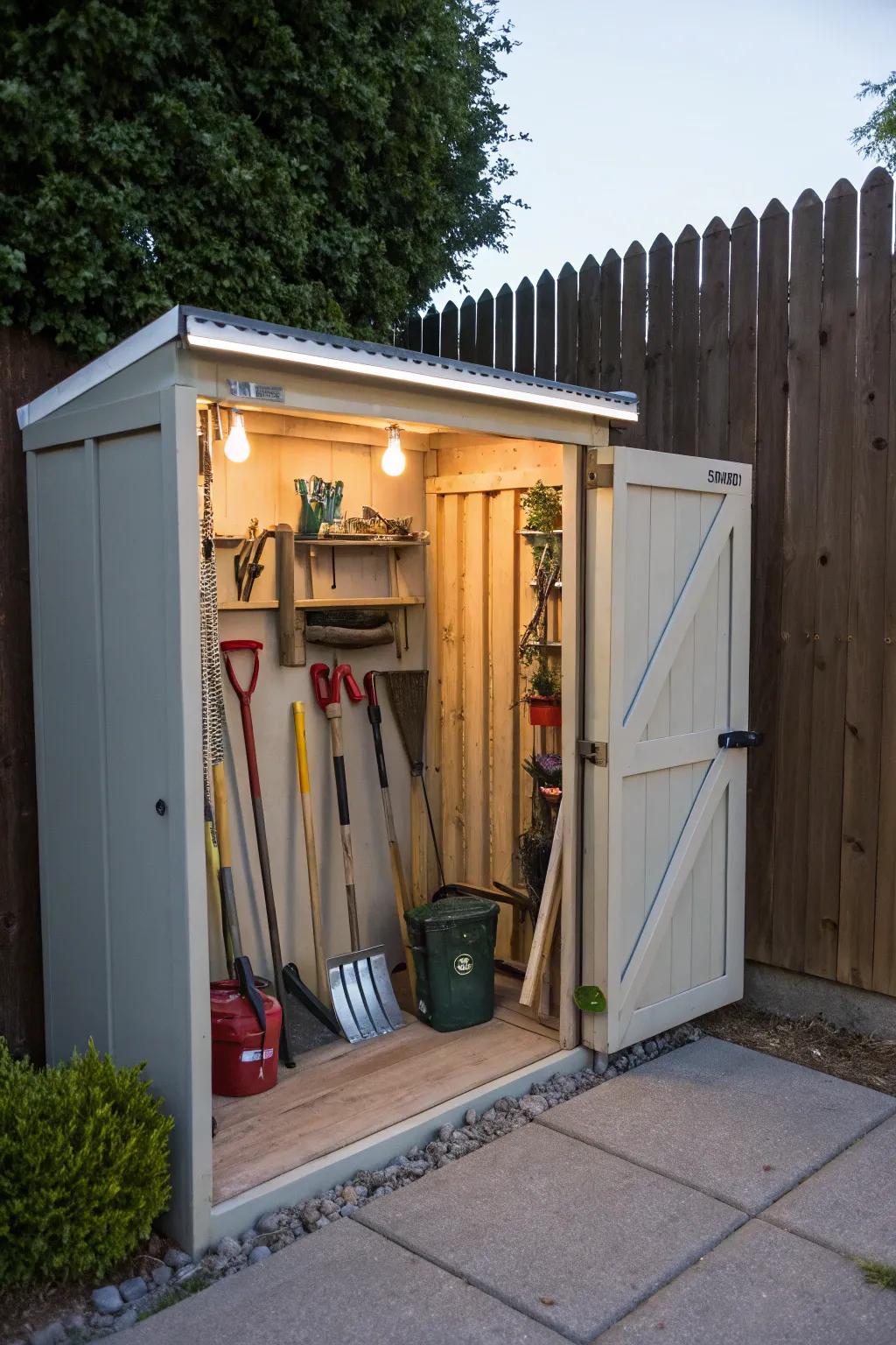 Garden tools stored efficiently in a slim lean-to shed.