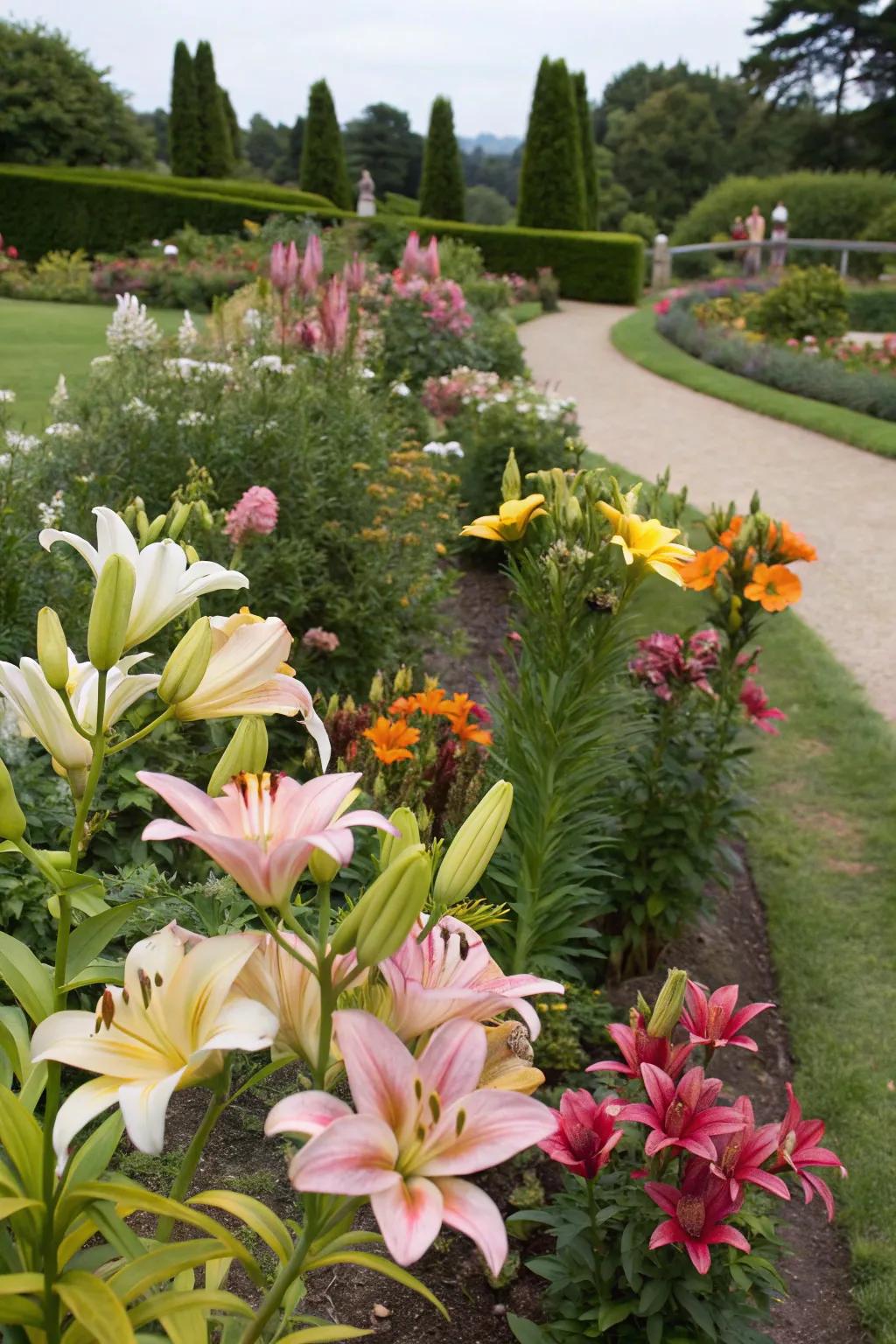 A vibrant flower bed with lilies and other perennials