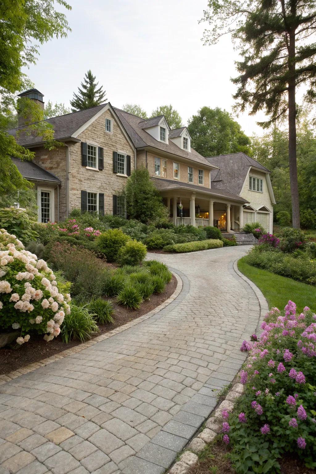 A gracefully curved limestone driveway surrounded by vibrant gardens.