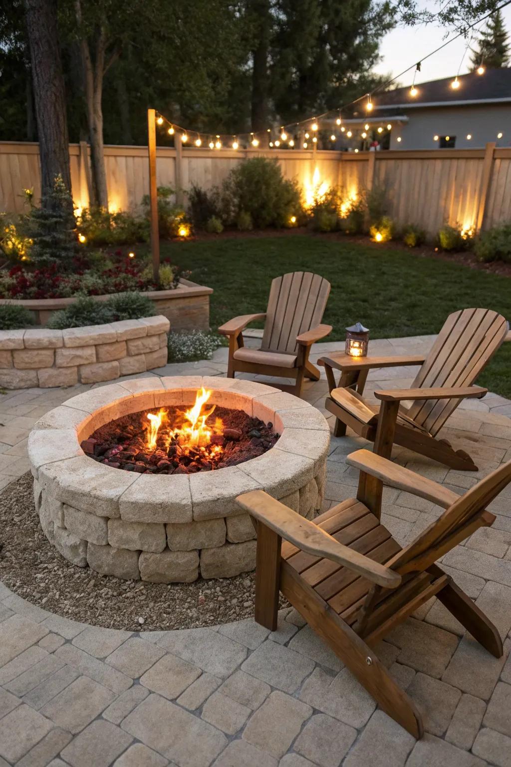 A circular limestone fire pit is perfect for intimate gatherings.