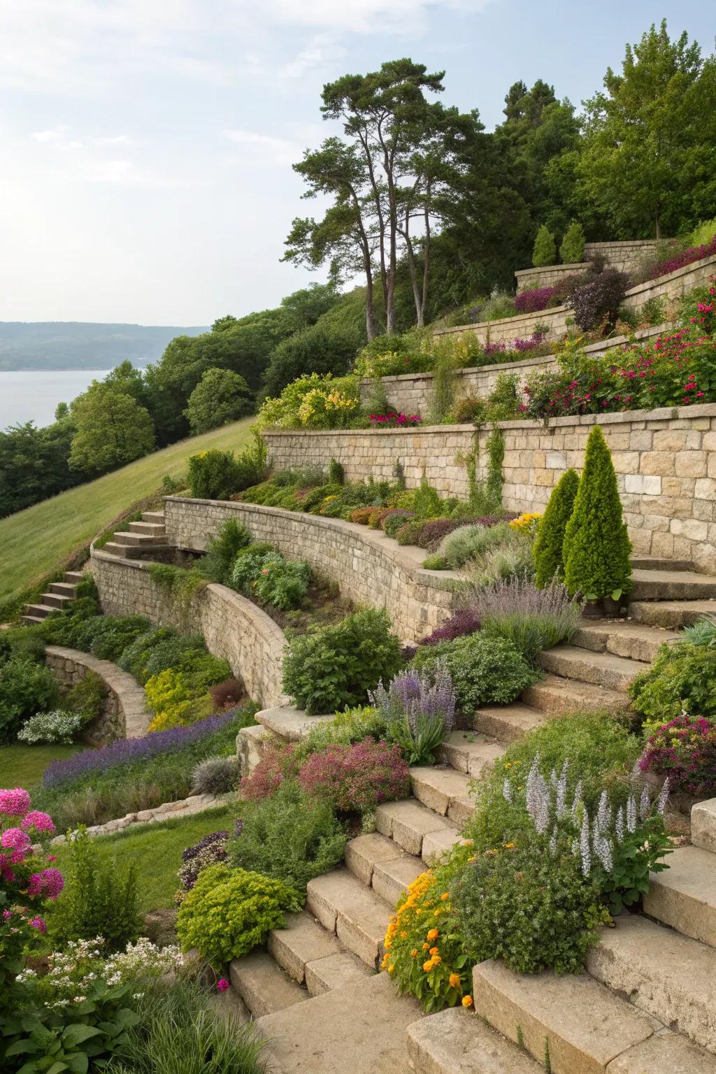 Tiered limestone walls create dynamic garden landscapes.