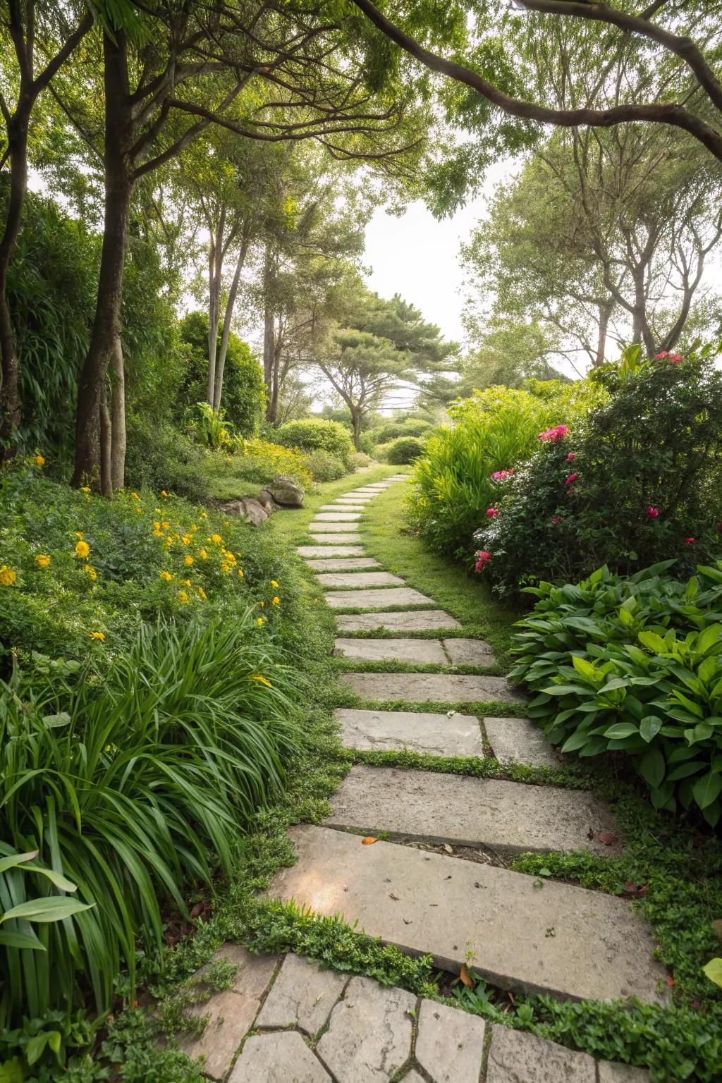 Limestone stepping stones create a graceful path through the garden.