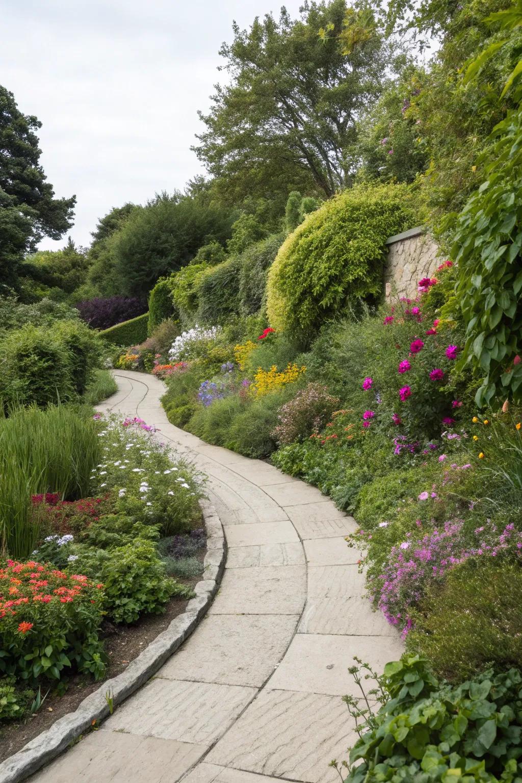 Curved limestone walkway weaving through vibrant garden.