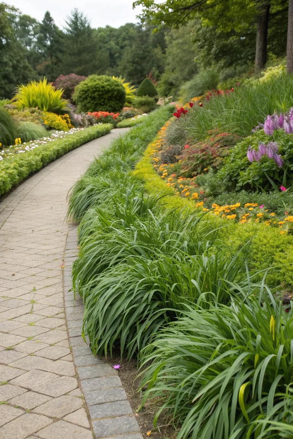 Liriope used as a perfect border along a garden path, enhancing its neat appearance.