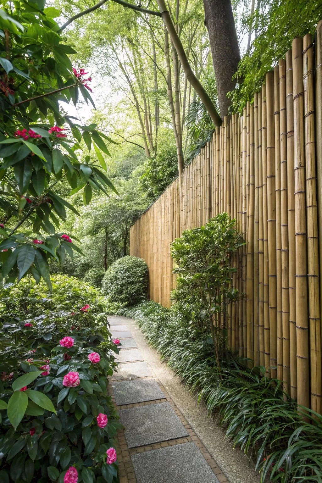 A dense bamboo privacy wall creating a serene and secluded backyard retreat.