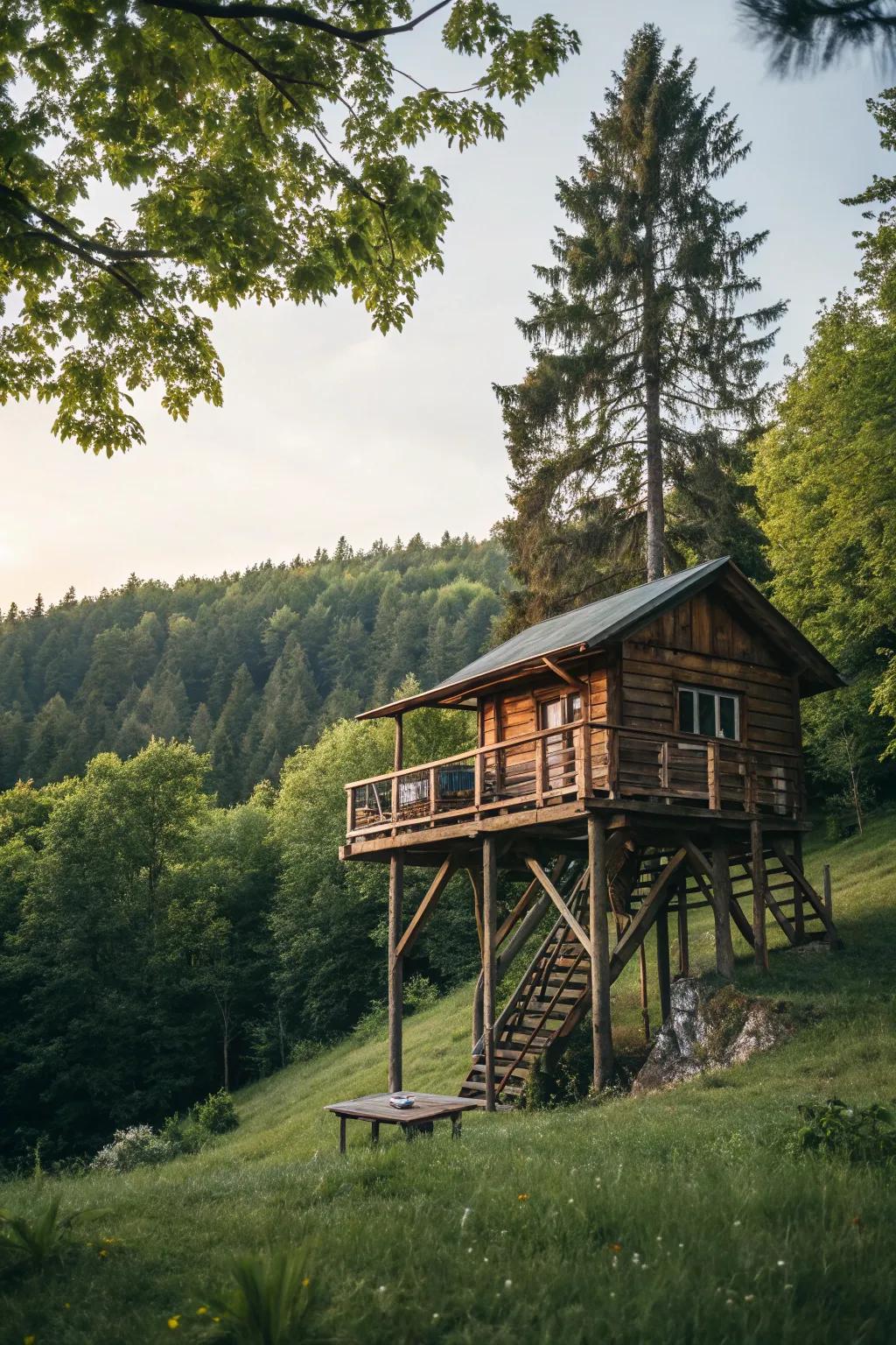 A wooden platform lifting a cozy log cabin above the forest floor.