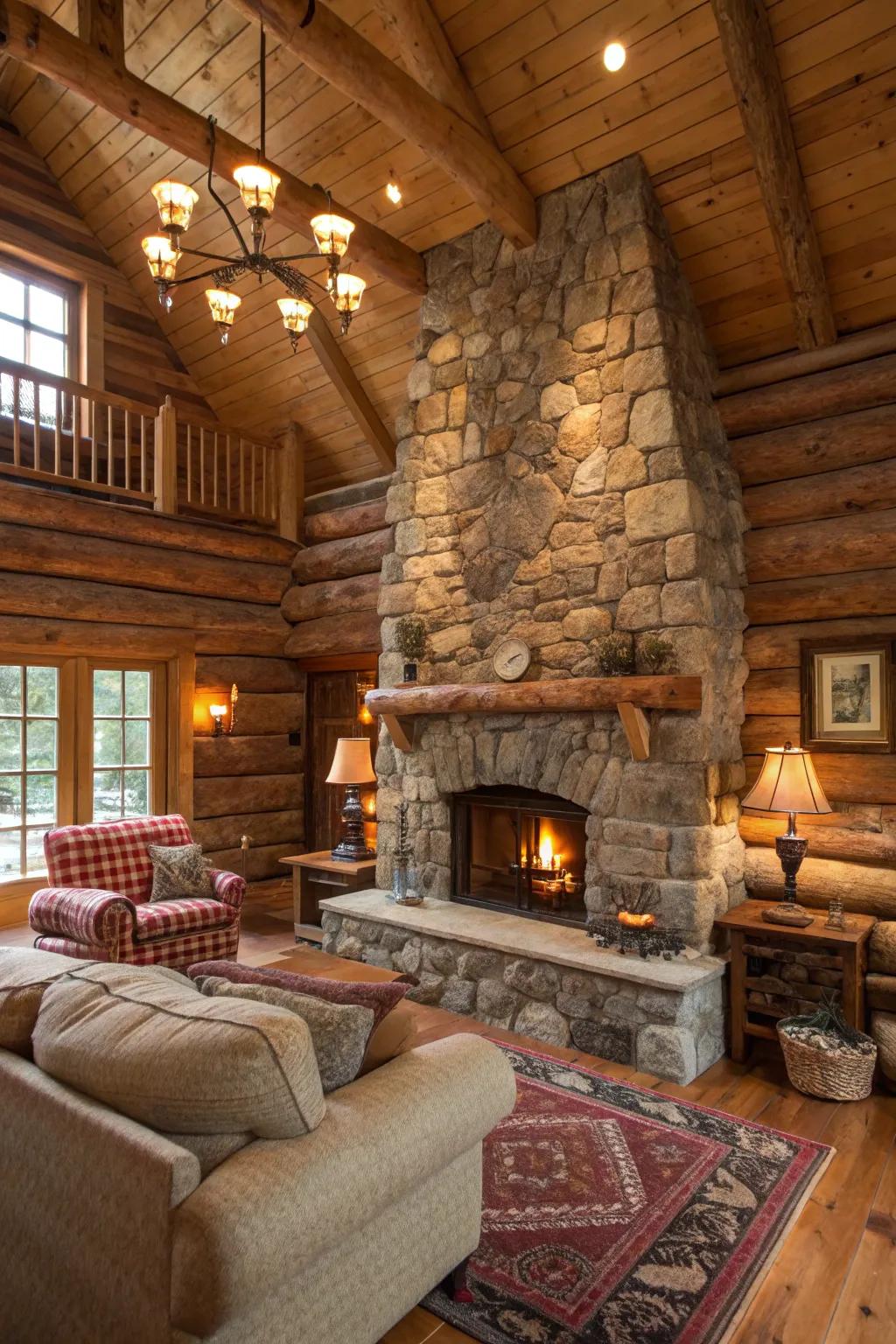 A warm and inviting log cabin living room perfect for relaxation.