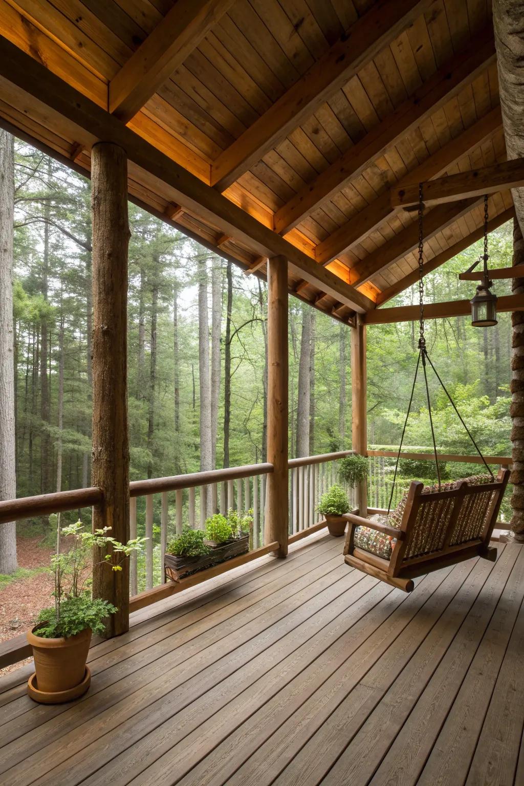 A log cabin porch showcasing beautiful natural wood elements, creating a harmonious connection with its forest surroundings.