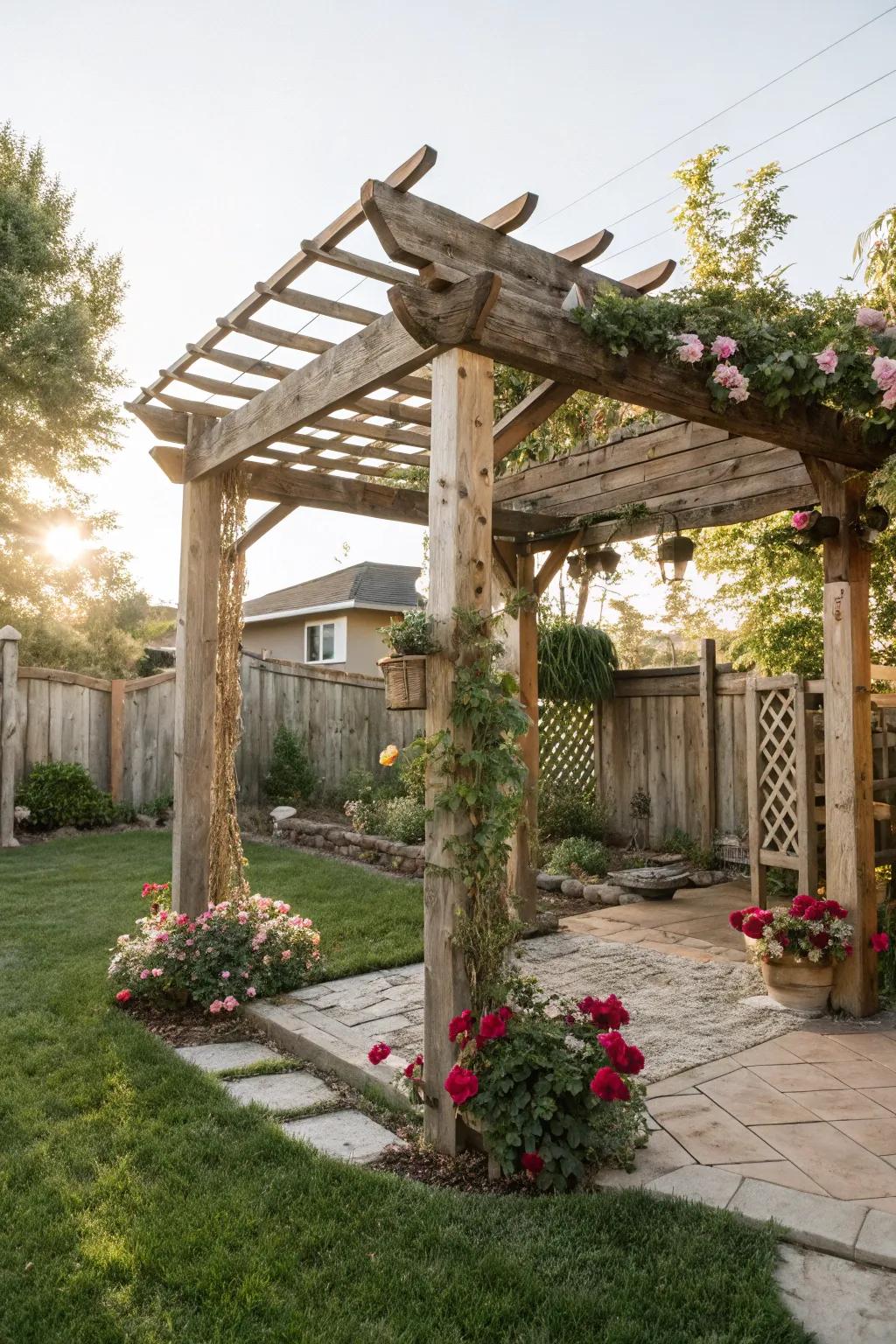 A timeless classic wooden log pergola offering a cozy retreat.