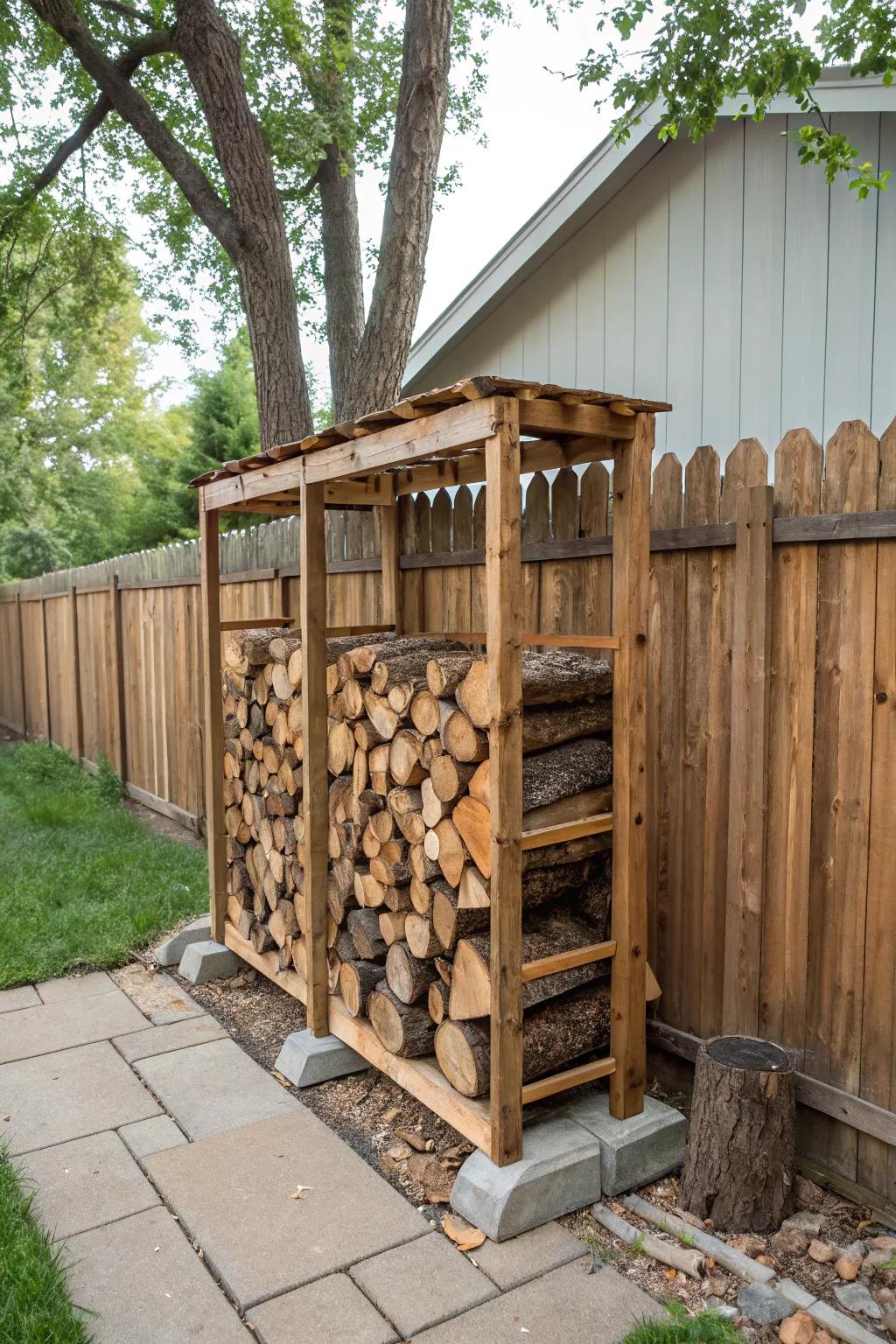 Elevated wooden racks protect your logs and add rustic charm.