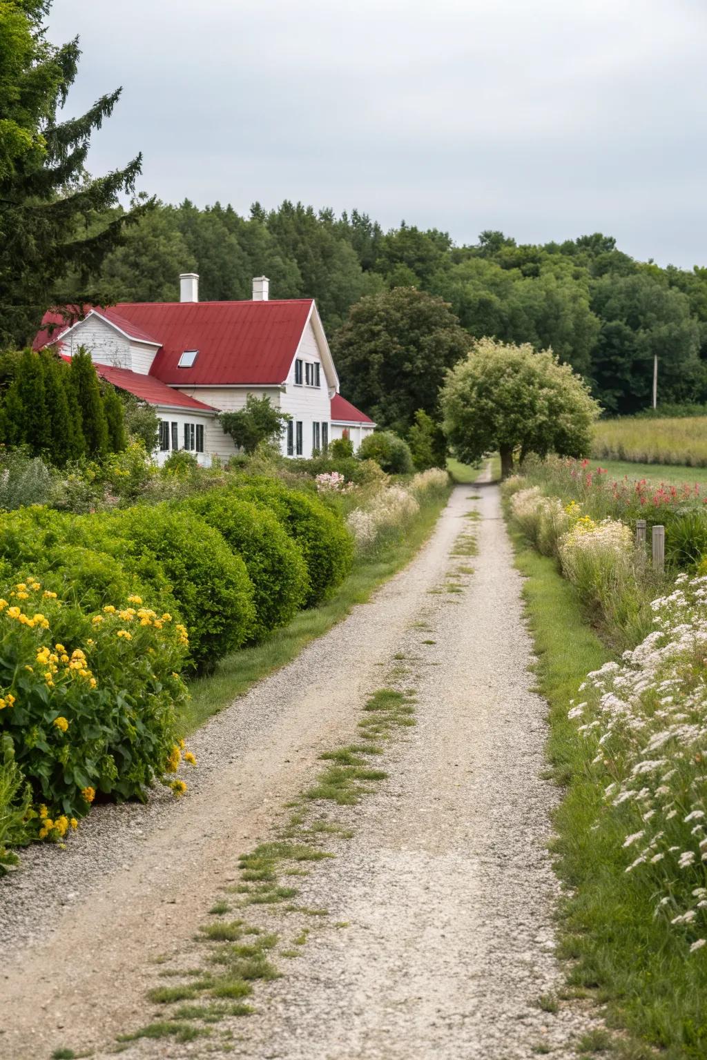 A rustic gravel and stone driveway that fits perfectly with the country setting