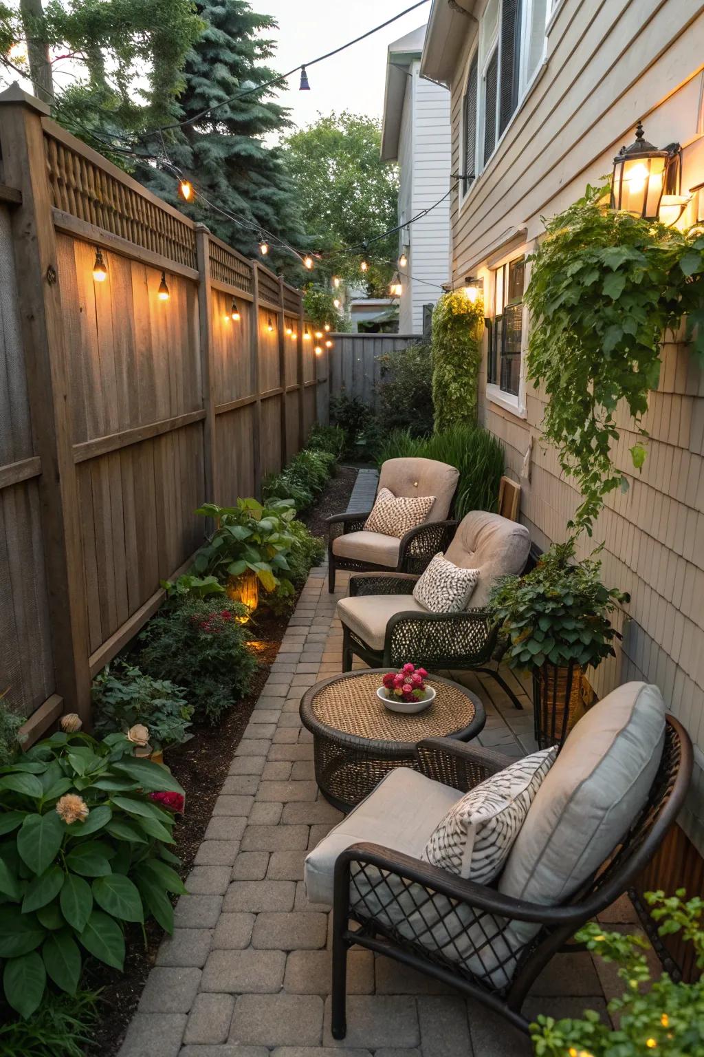 Cozy seating nooks with plush cushions create inviting spots in narrow backyards.