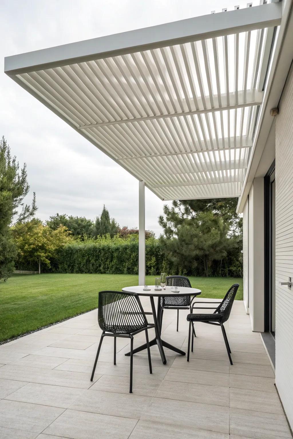 A minimalist patio showcasing a sleek louvered cover.