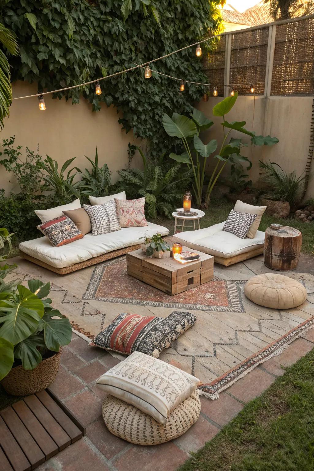 Set up a cozy lounge with rugs and cushions for a relaxed atmosphere.