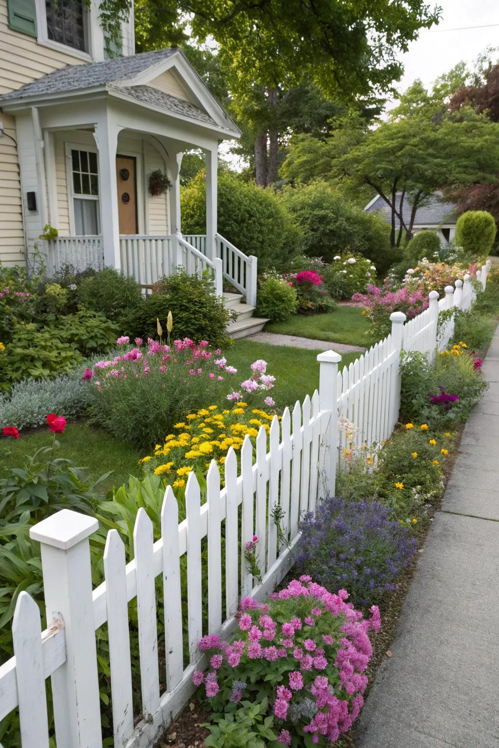A classic white picket fence adds timeless charm to any garden.