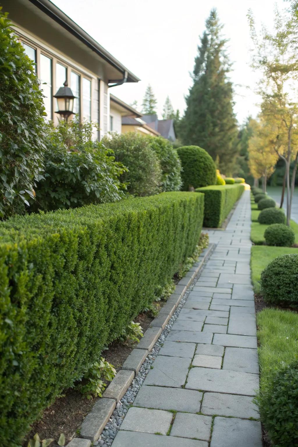 Boxwood shrubs create a classic, low-maintenance border for walkways.