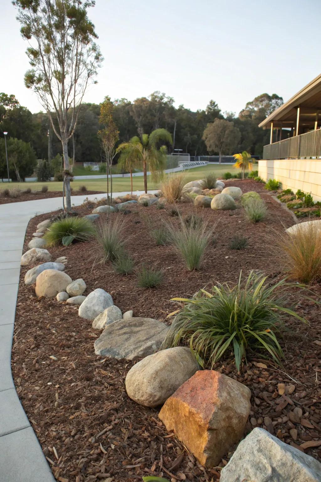 Low-maintenance landscaping with mulch and decorative rocks for easy care.