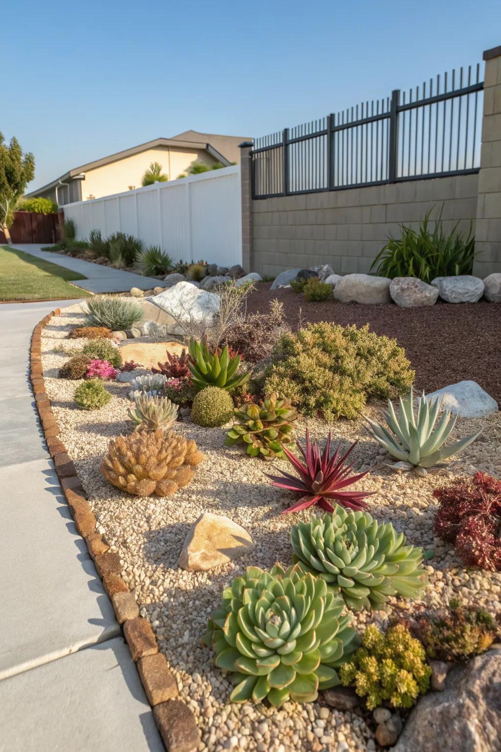 A front yard beautifully arranged with diverse succulents and decorative gravel.