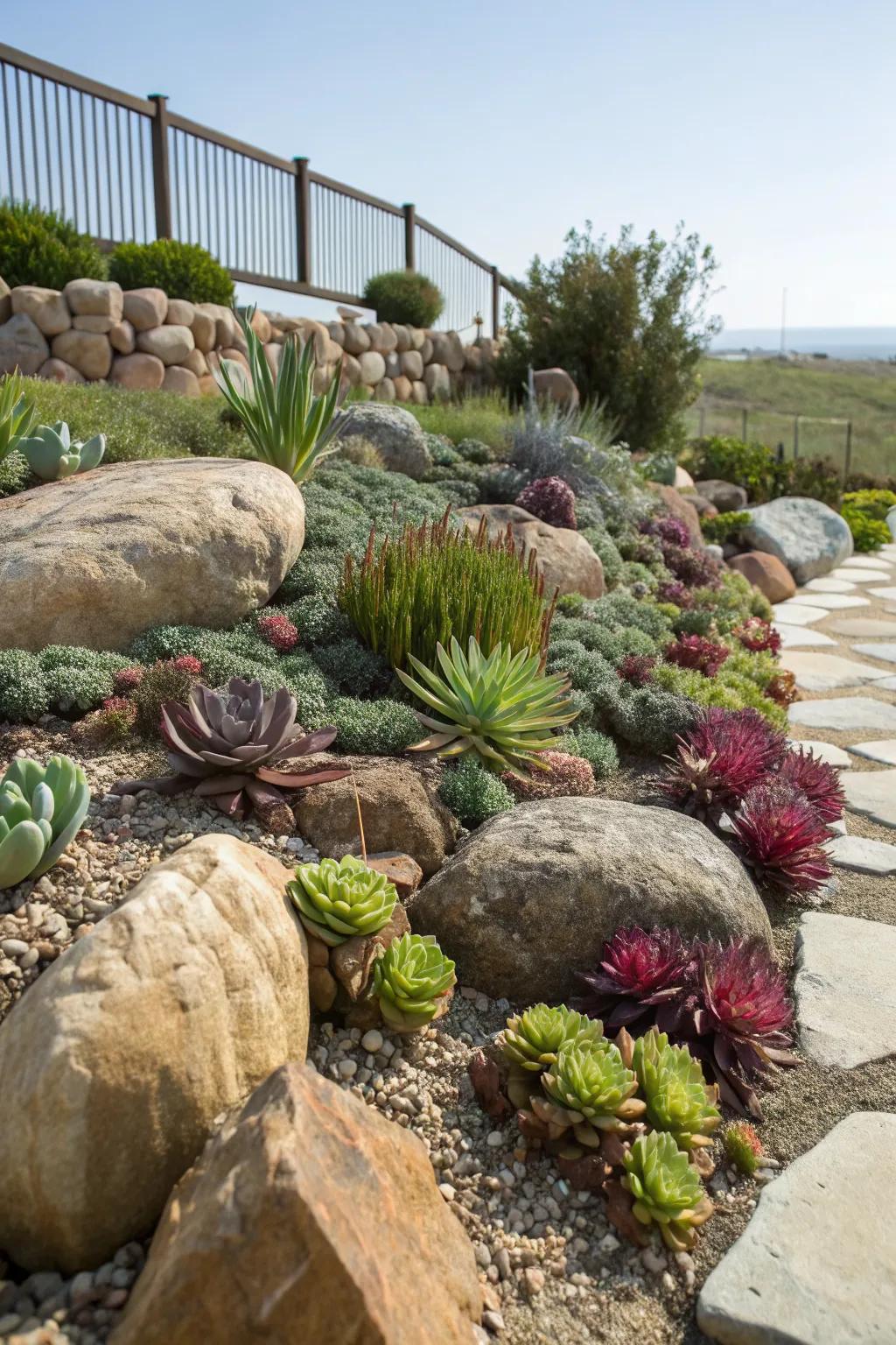 Rock gardens beautifully showcase succulents in a natural setting.