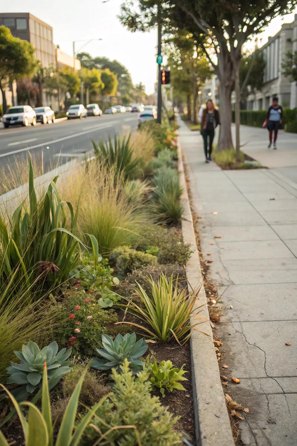 Native plants like grasses and succulents thrive in challenging urban hellstrips.