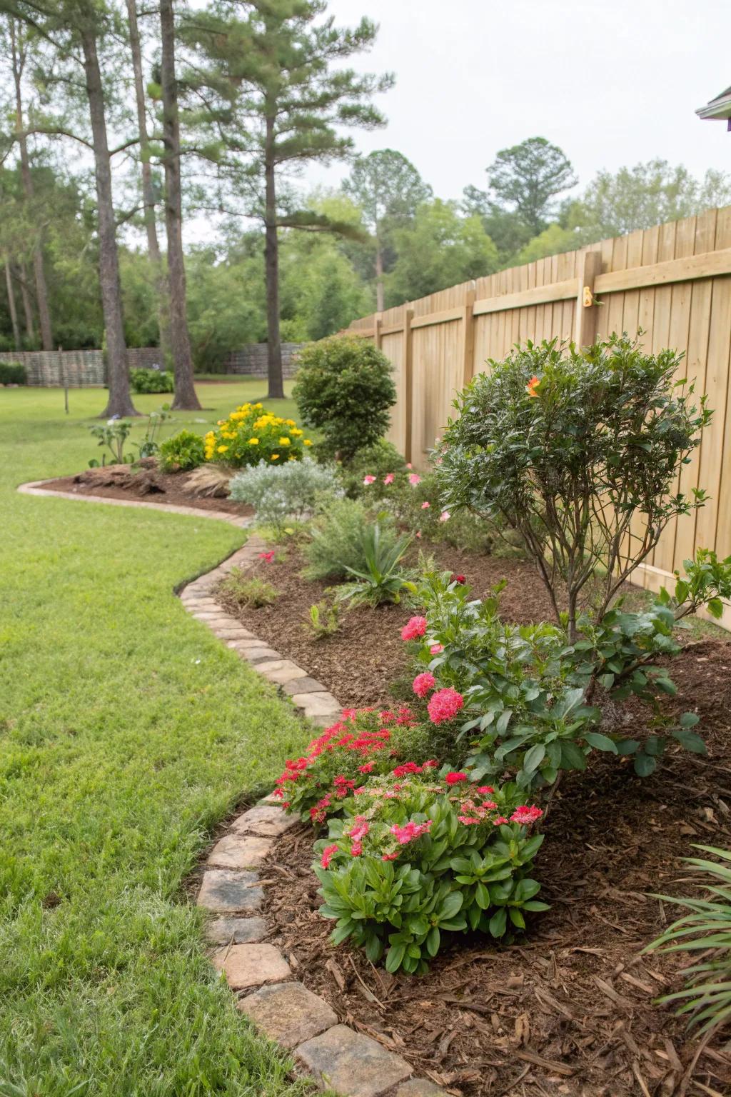 Mulch beds help retain moisture and prevent weed growth.
