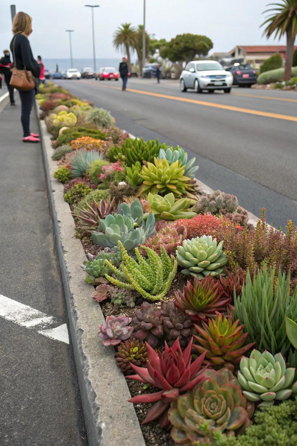 A succulent-filled parking strip offering a low-water, low-maintenance solution.