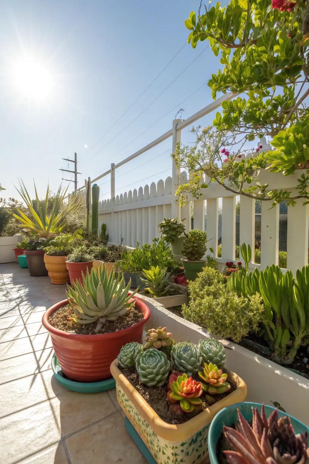 A delightful symphony of succulents in a sunny container garden.