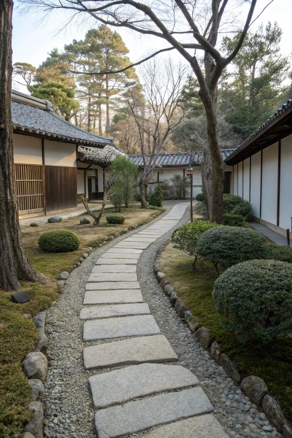 A stone pathway elegantly guiding through a low-maintenance side yard.