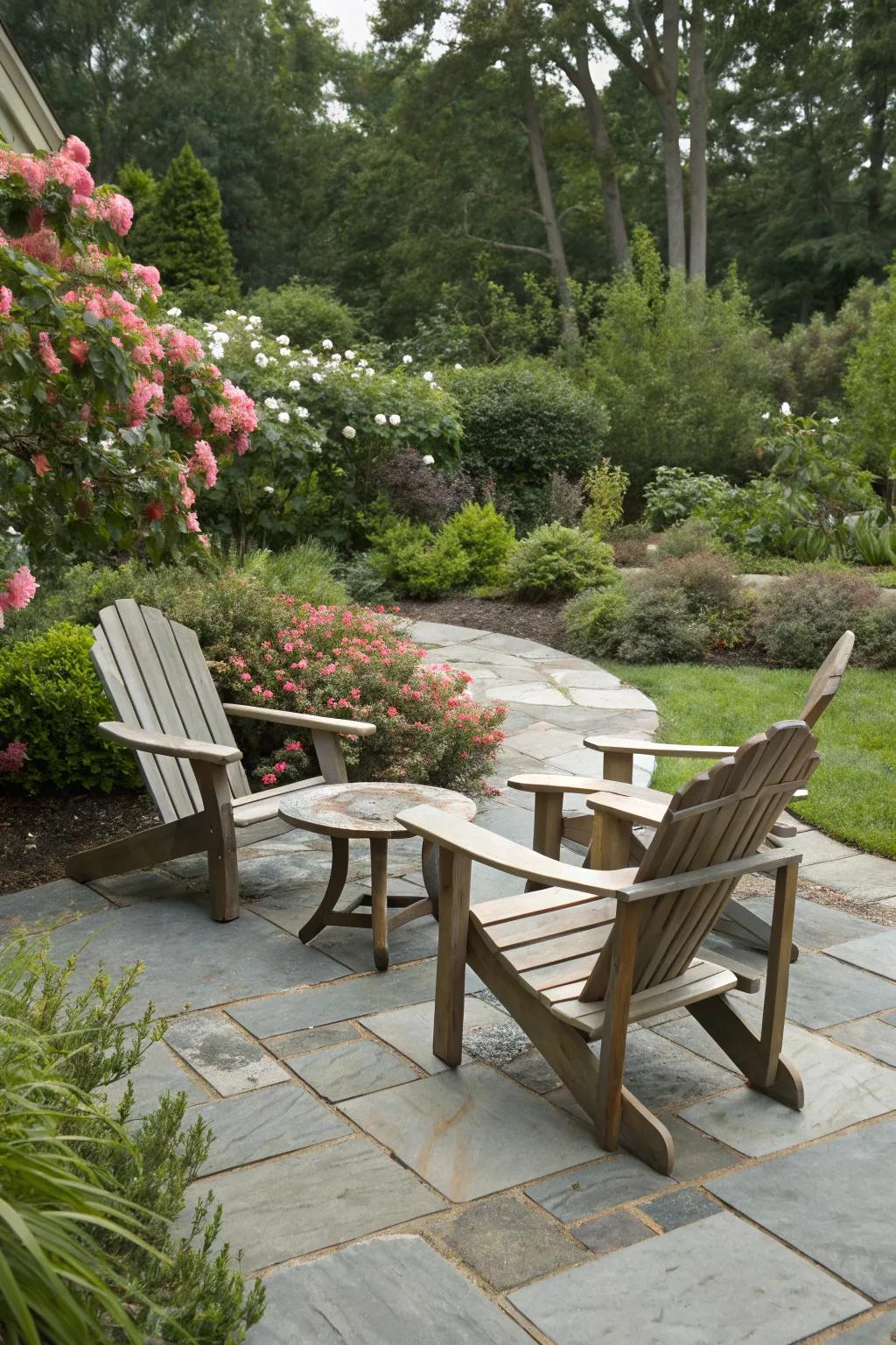 A cozy seating area with Adirondack chairs invites relaxation in a southern garden.