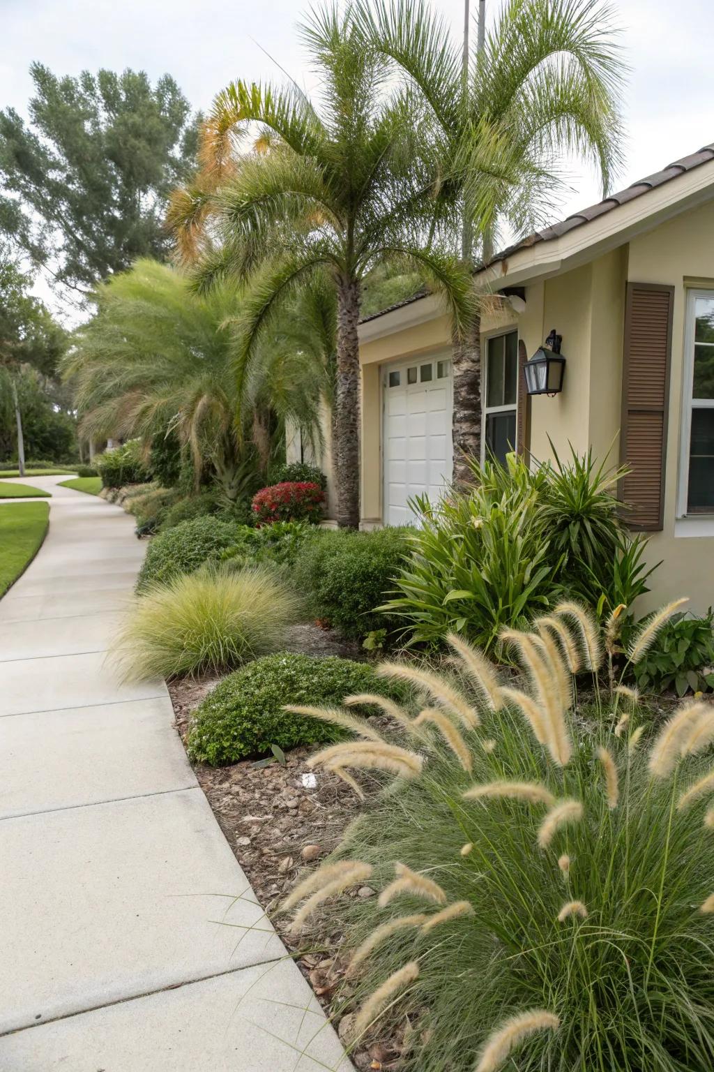 A front yard featuring low-maintenance Foxtail and Christmas Palms that naturally shed fronds.