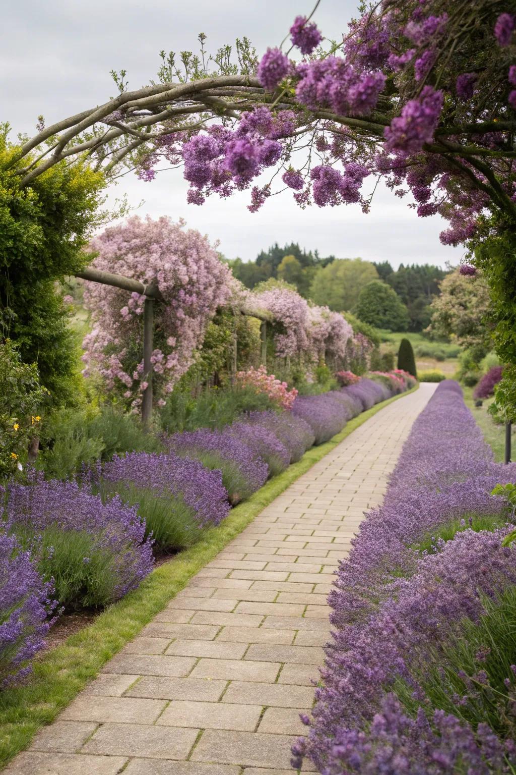Lavender plants bordering a tranquil garden path.