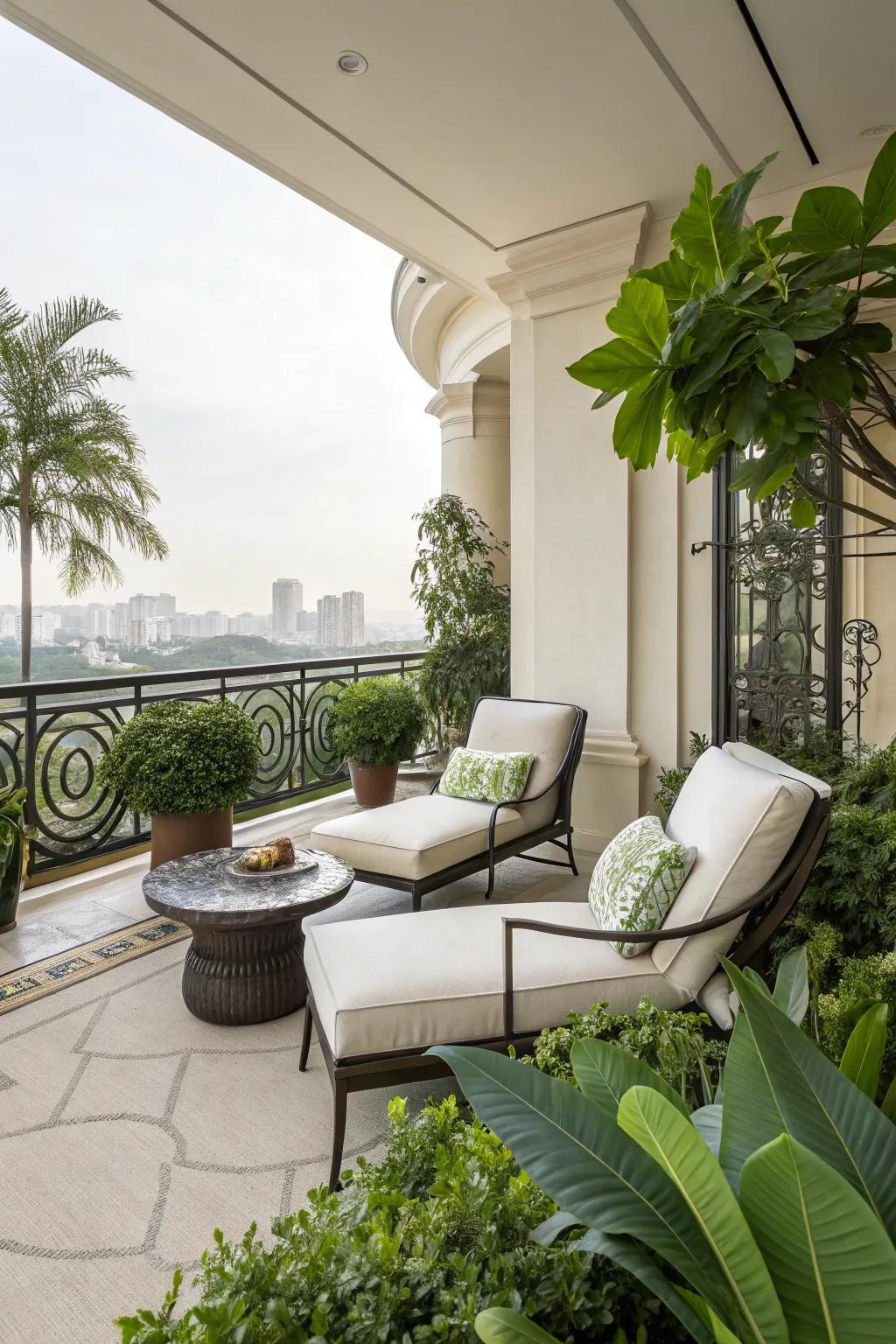 Modern lounge chairs offer a sleek, comfortable seating option for your luxury balcony.