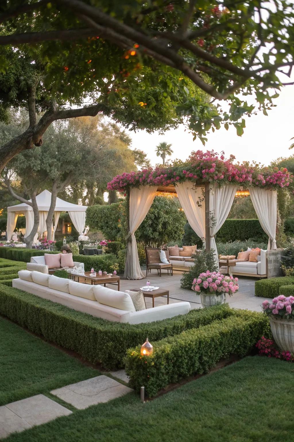 A luxurious outdoor living space with plush seating surrounded by greenery.