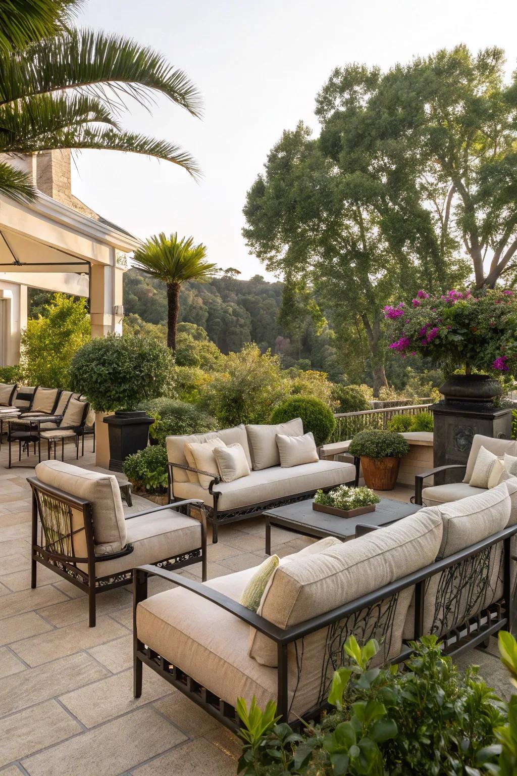 Opulent outdoor seating with plush sofas and armchairs.