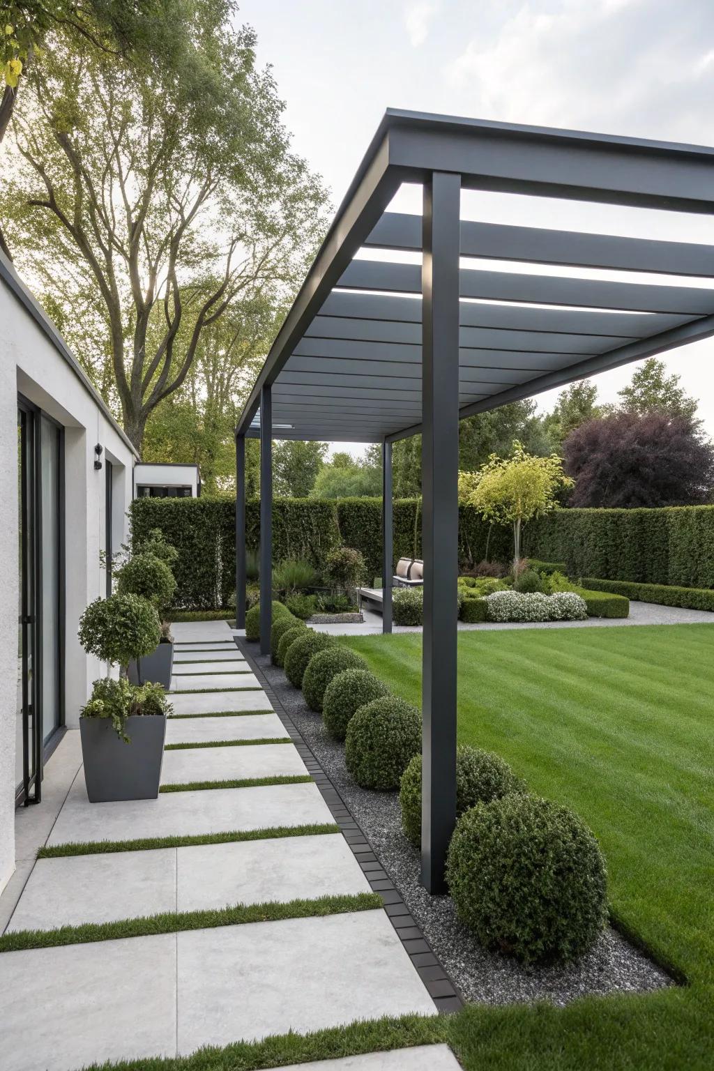 A minimalist modern pergola with clean lines adds elegance to any backyard.