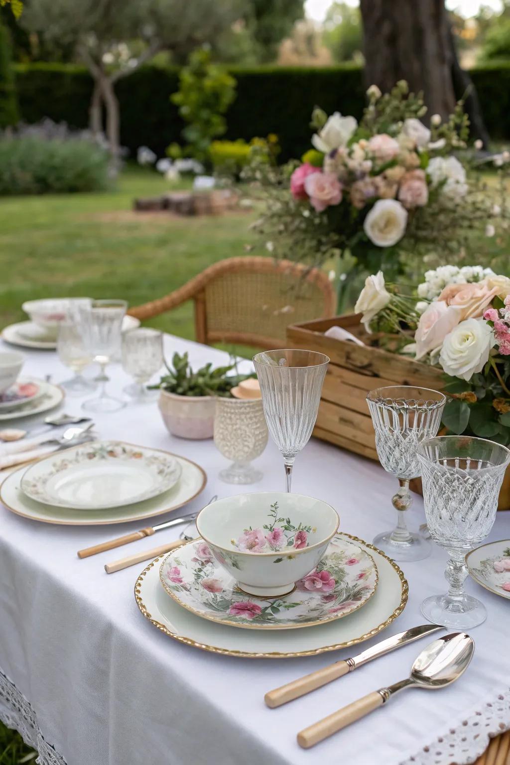 A sophisticated picnic table setting with premium dinnerware.