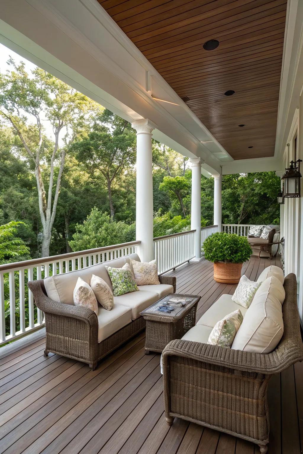 Indulge in comfort with plush seating that invites relaxation on this luxury porch.