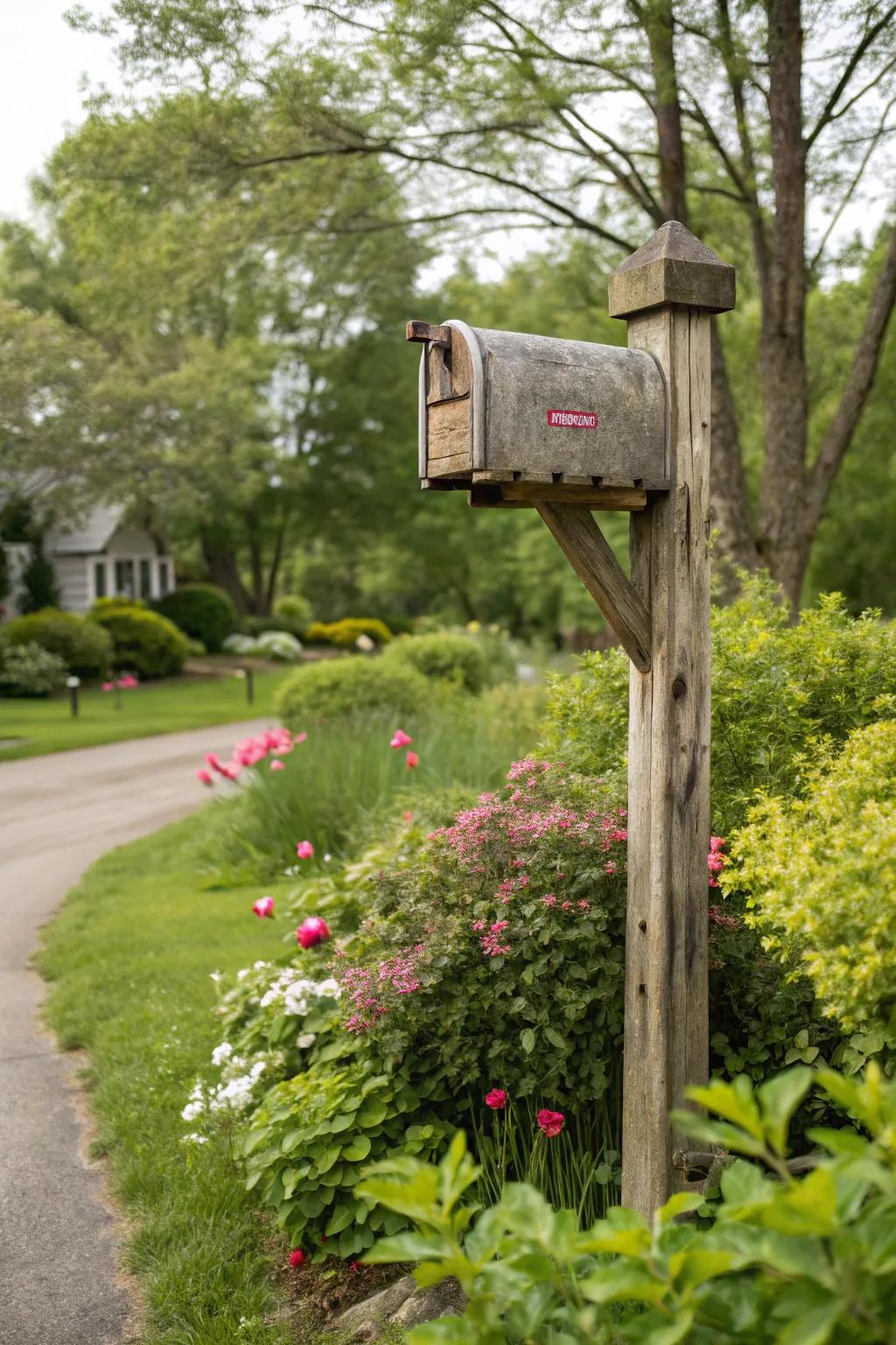 Rustic wood adds a countryside charm to your mailbox setup.