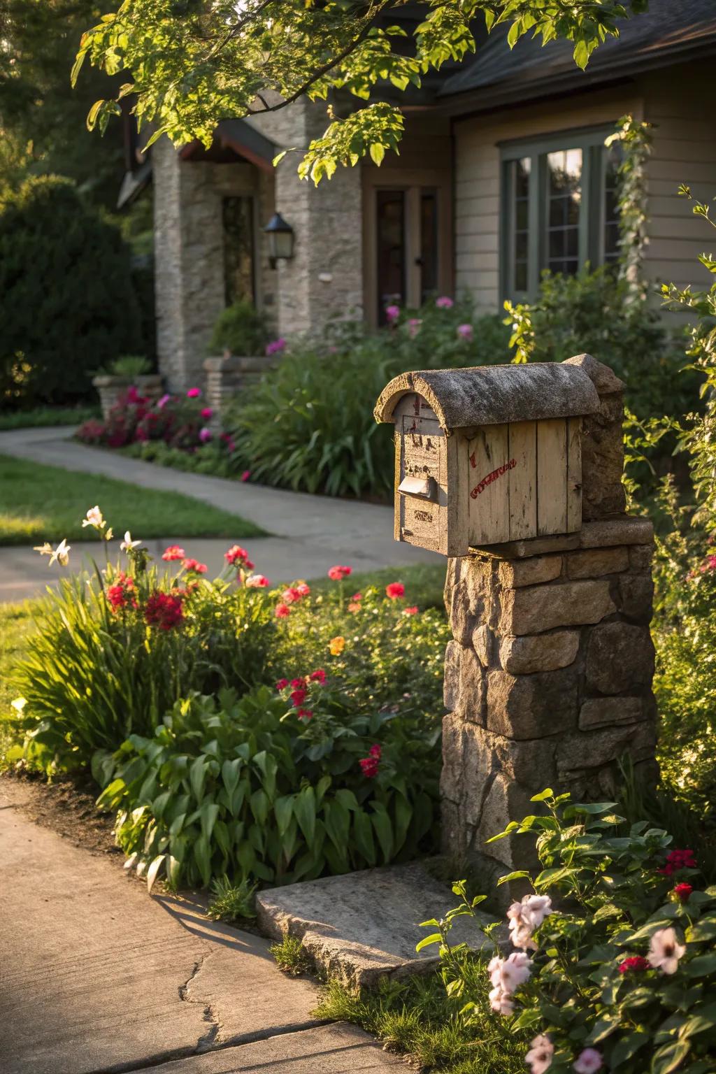 A stone mailbox that harmonizes with garden surroundings.