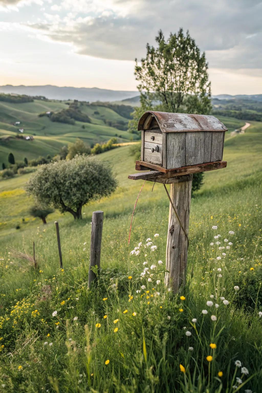 A rustic wooden mailbox stand adds warmth and character to your entryway.