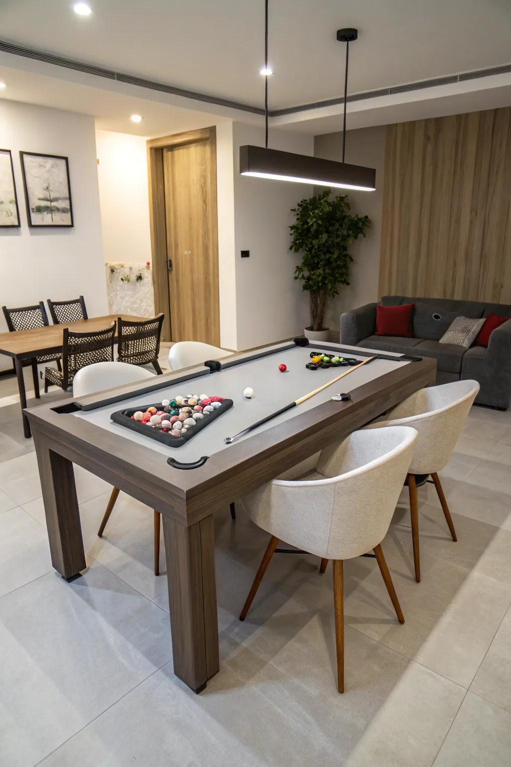 This convertible pool table doubles as a dining table, perfect for small spaces.