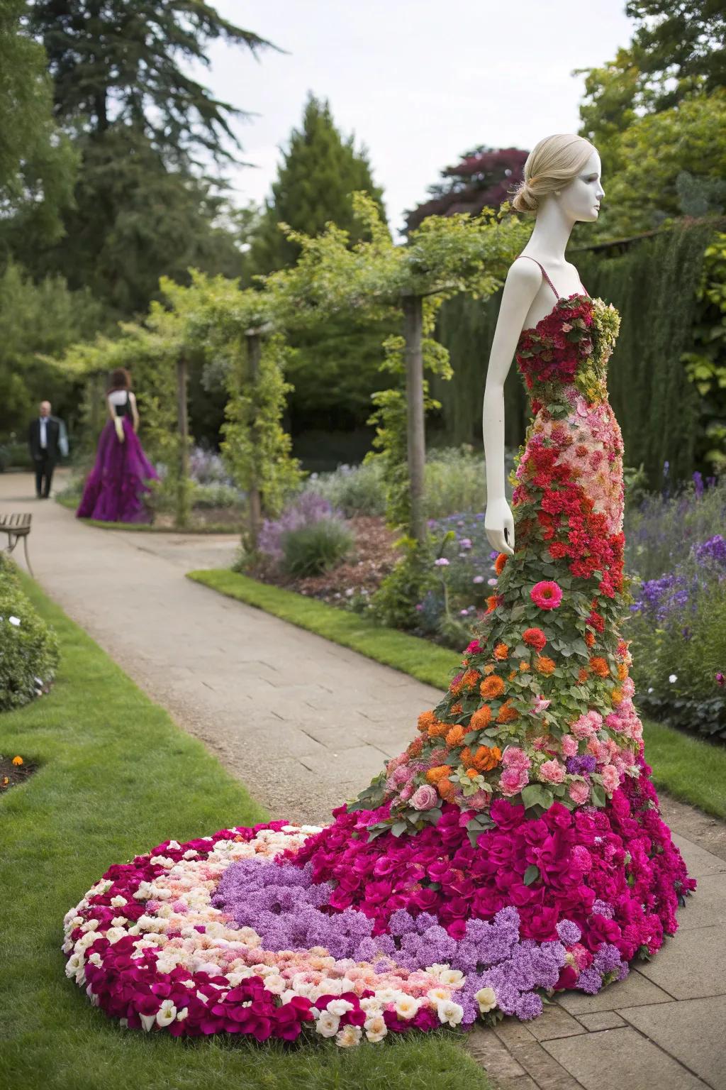 A mannequin adorned with a gown of vibrant petunias.