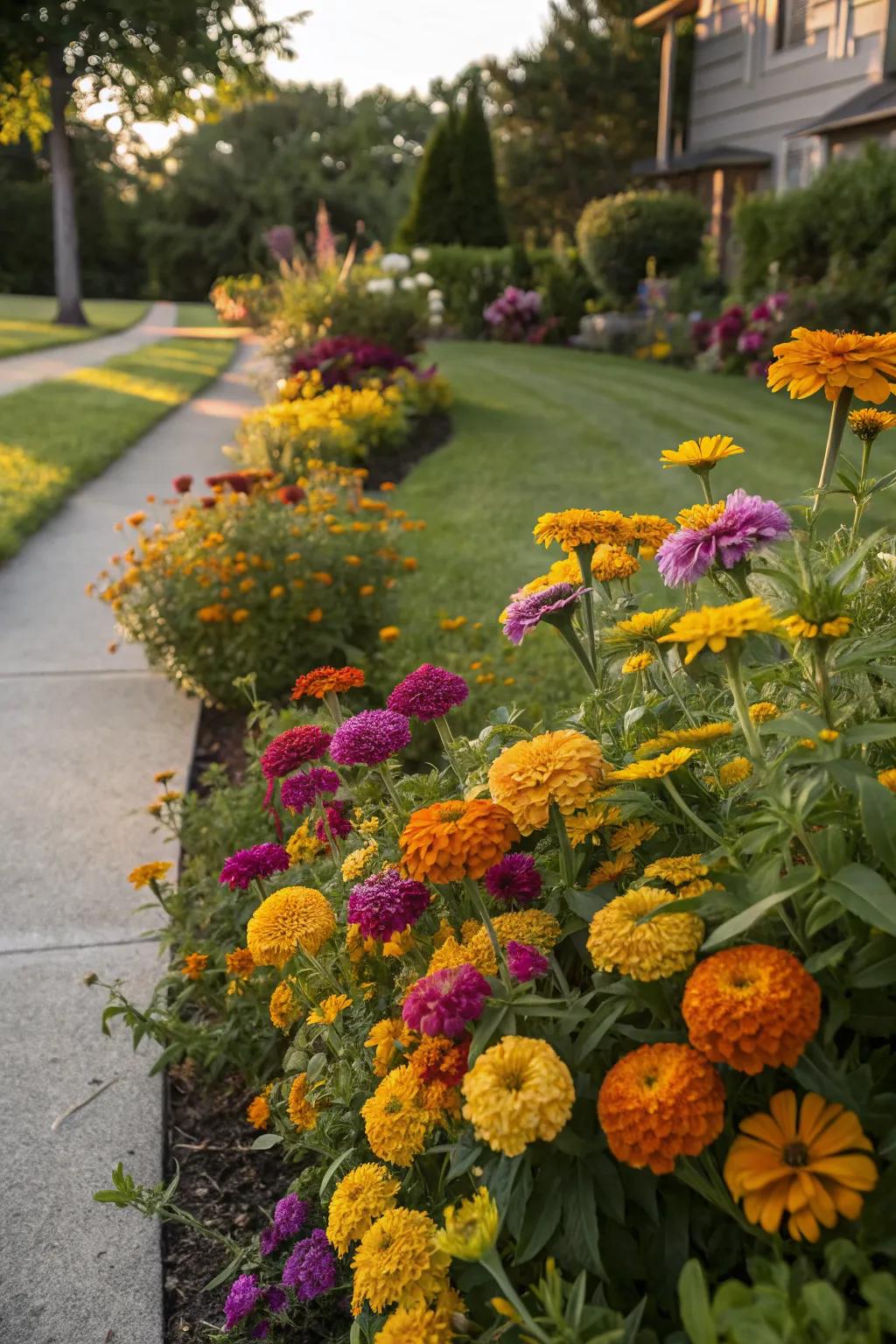 Marigolds paired with zinnias for a vibrant garden display.