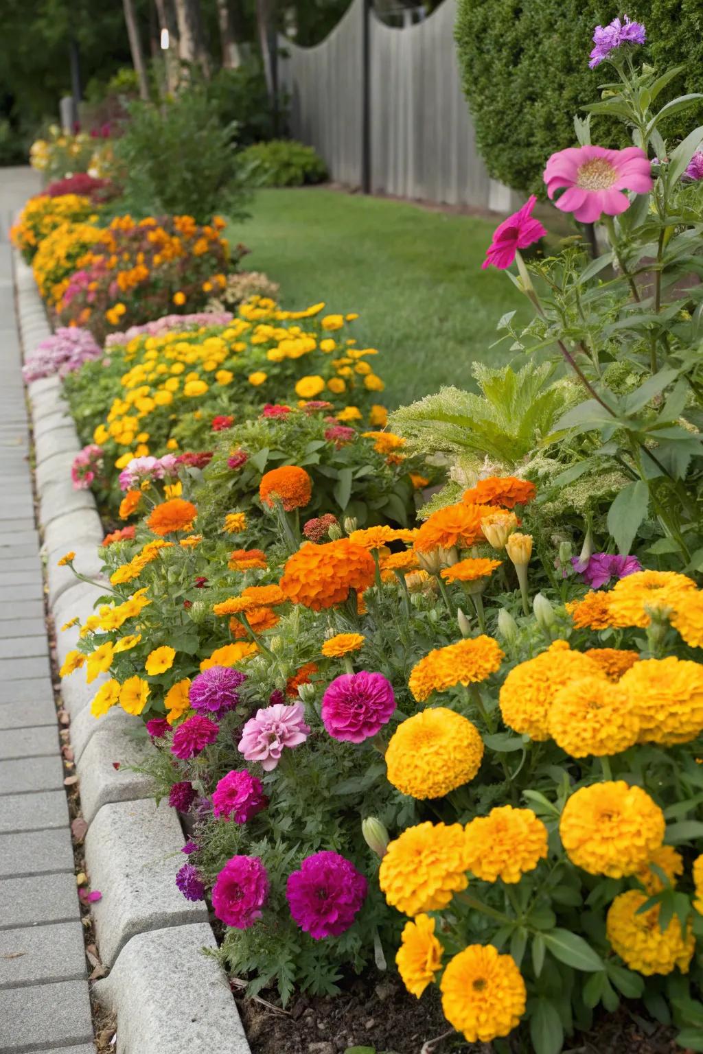 A colorful garden border featuring marigolds, zinnias, and petunias.