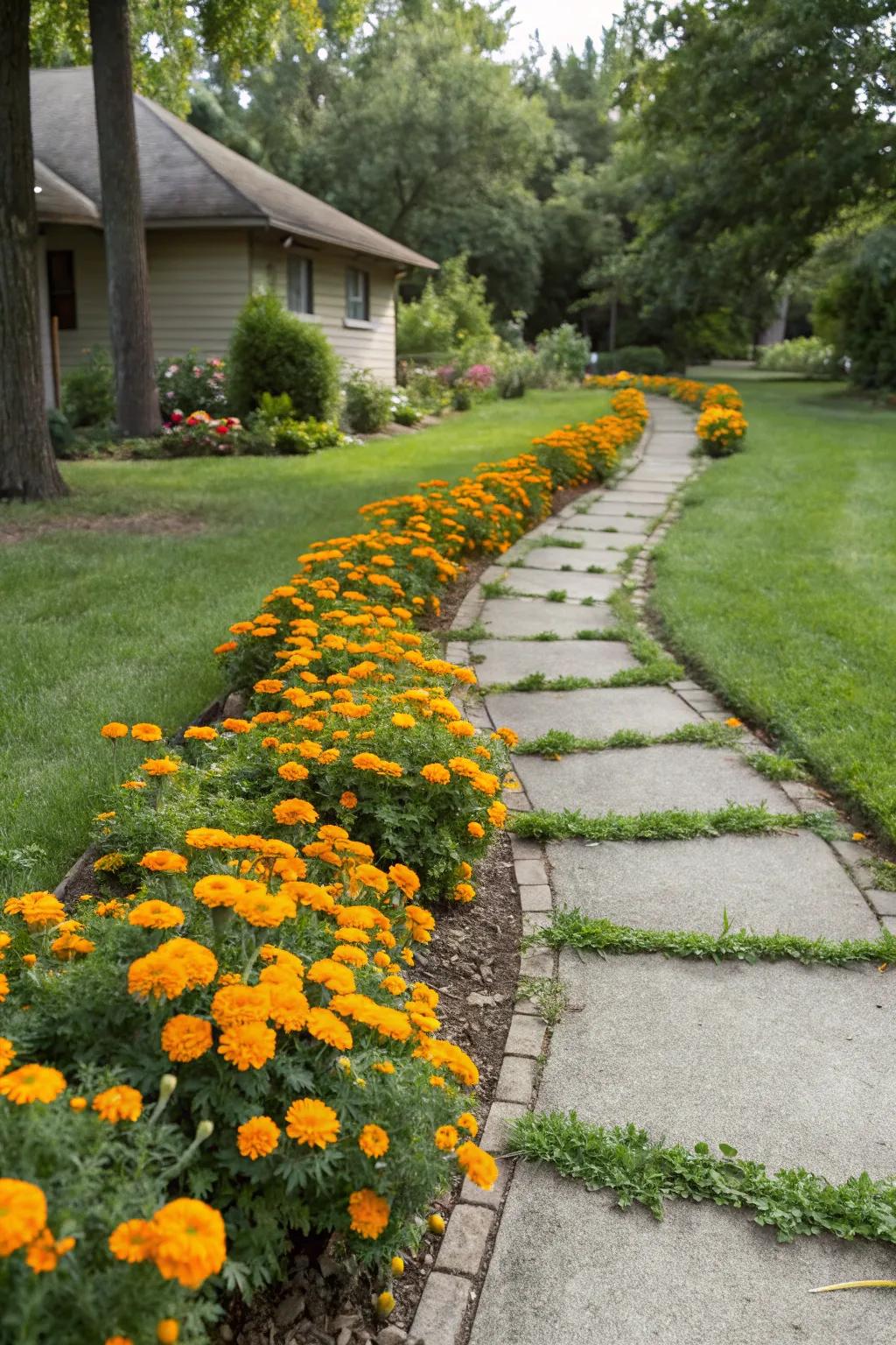 A garden pathway bordered with bright marigolds enhances its charm.