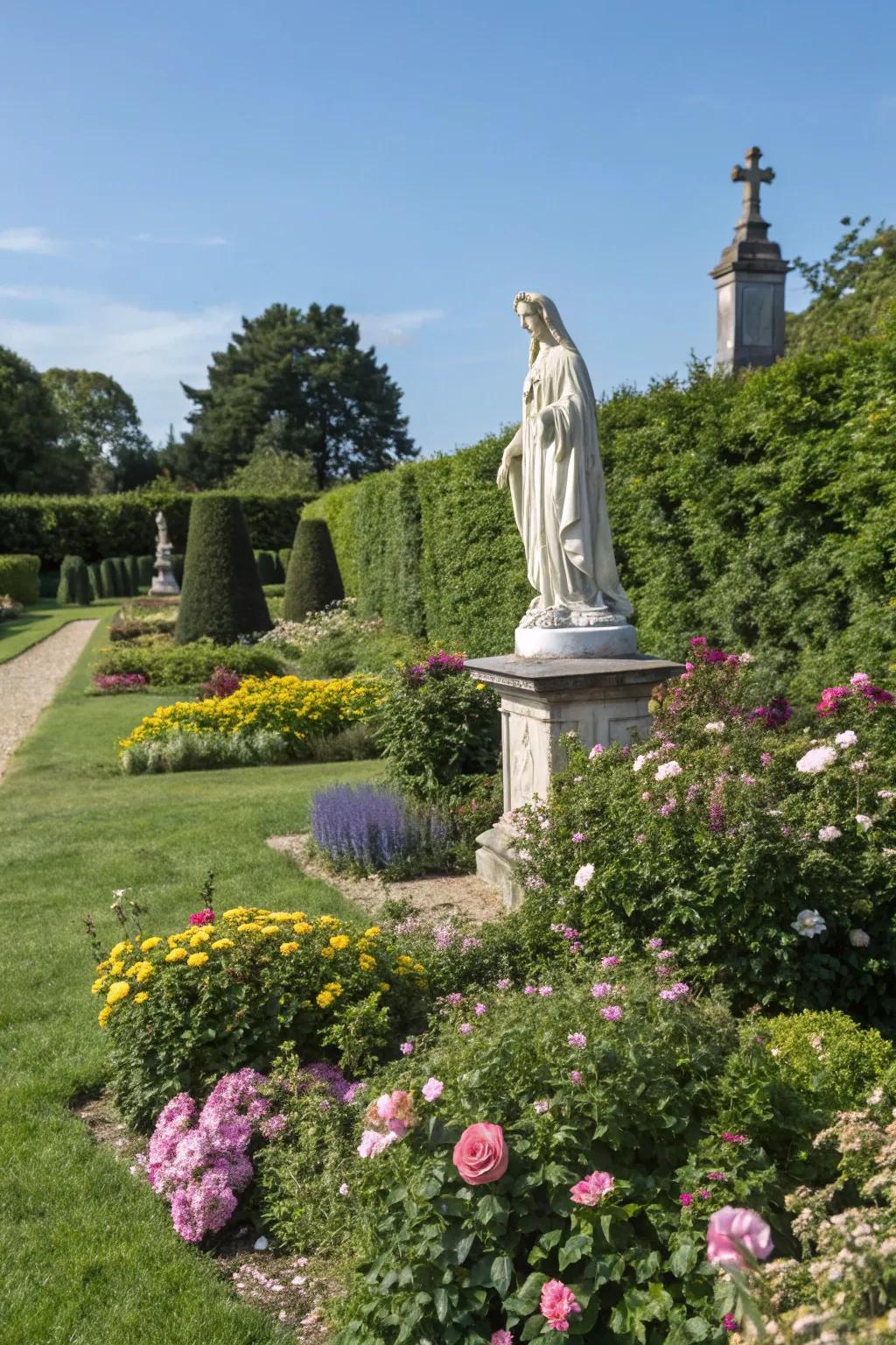 A central Mary statue beautifully surrounded by a vibrant garden.