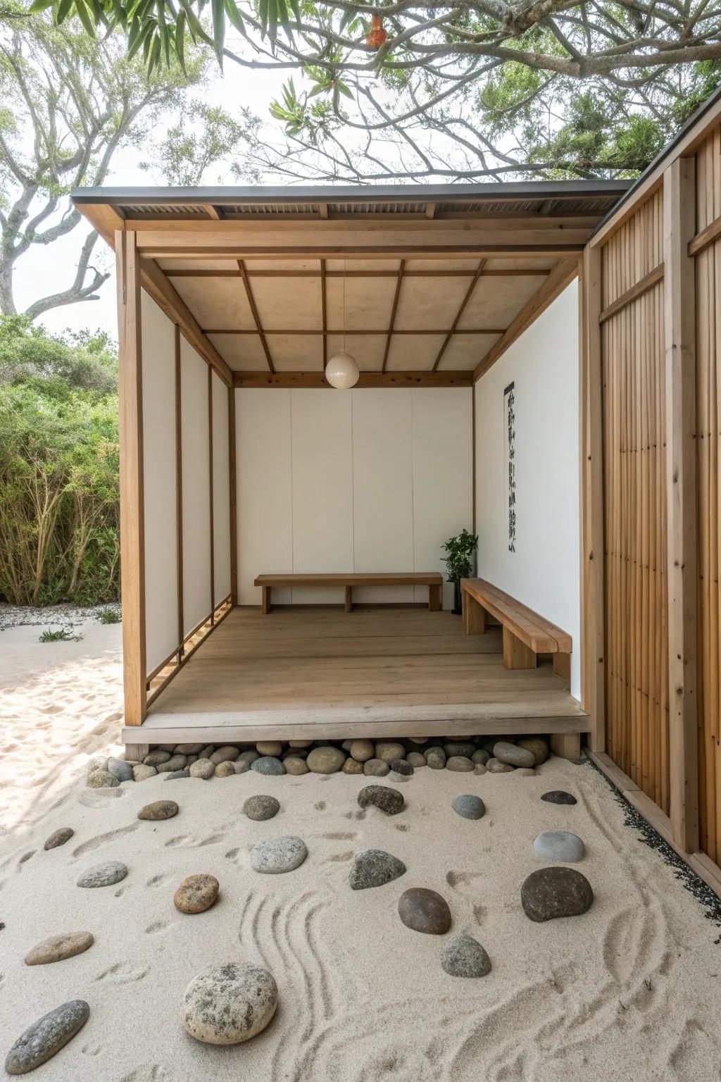 A Zen-inspired meditation shed with a minimalist design.