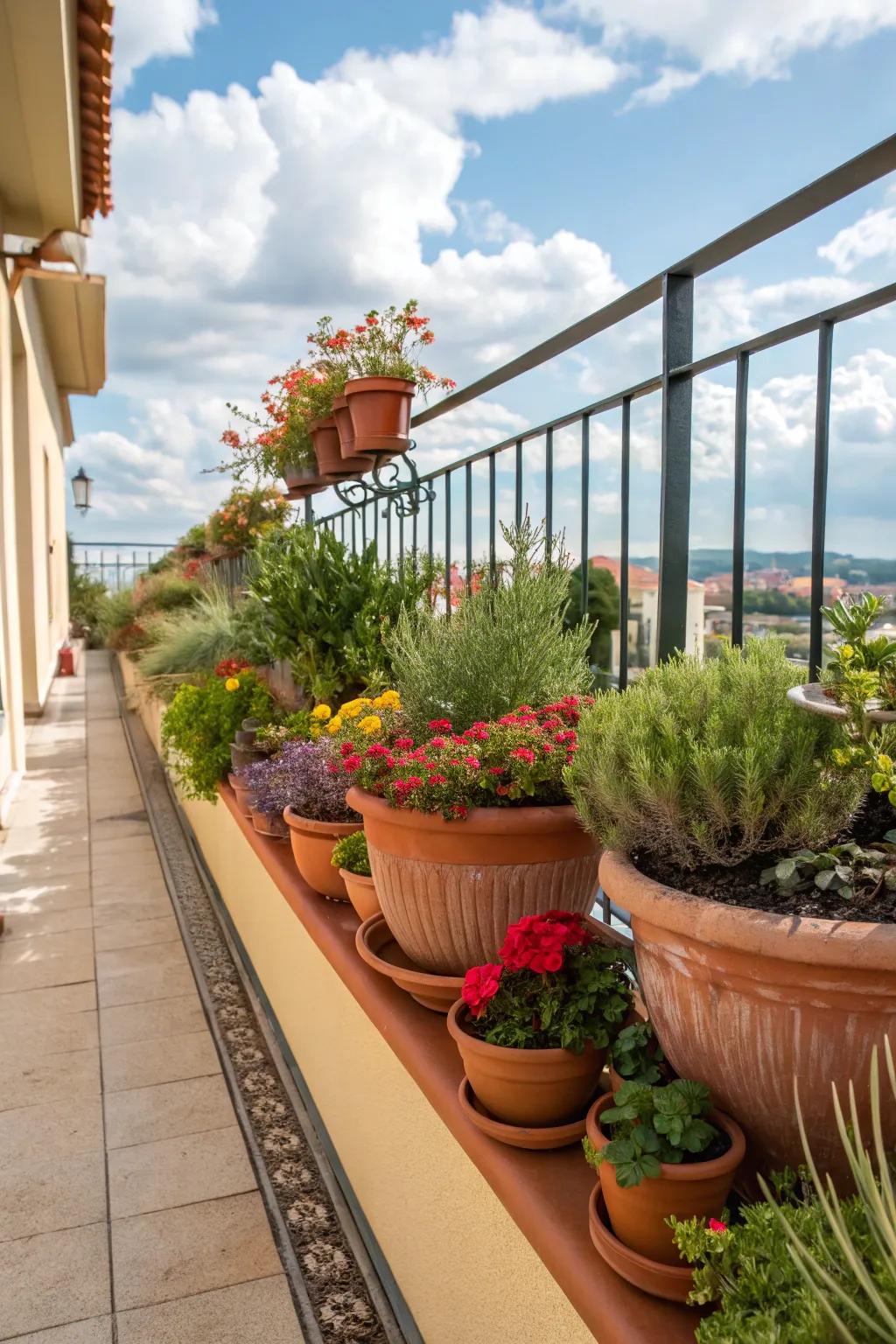 Terracotta pots brimming with vibrant plants add a rustic Mediterranean charm.